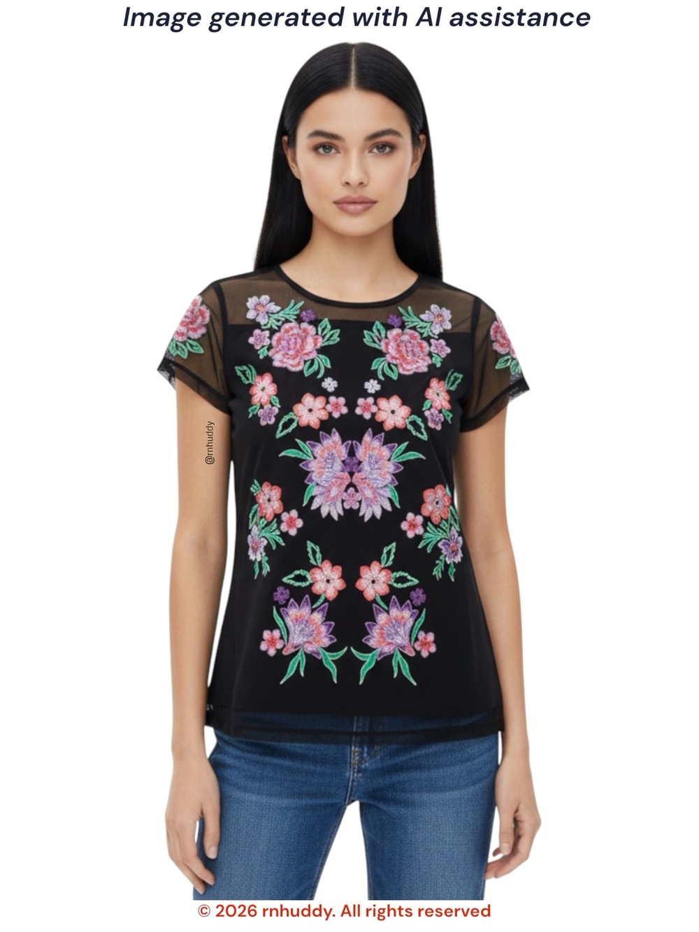 INC International Concepts L black floral embroidered mesh top